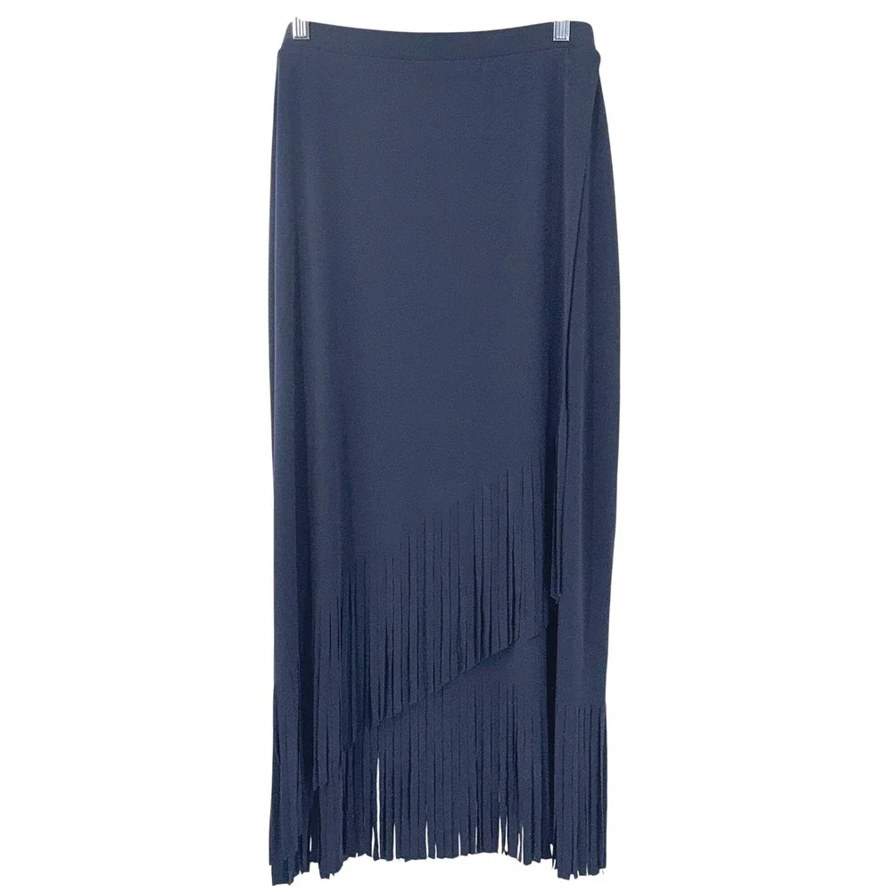 Chicos Collection Maxi Skirt Womens sz L /2 Navy Fringe Elastic Waist Pull On